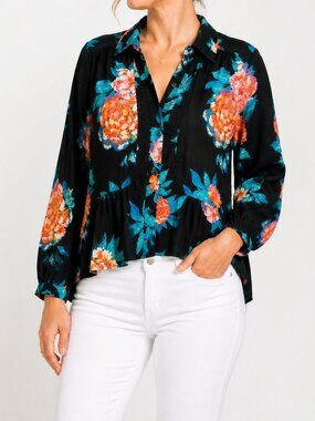 Maeve Anthropologie Floral Blouse Sz 6 Black Multicolor Boho Button Front Top